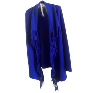 Wool Chico’s Fringe Cobalt Blue Asymmetrical Cardigan Sweater Size XS.